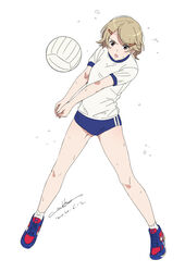  brown_eyes bump_(volleyball) buruma chinese_commentary commentary dated female full_body gym_uniform hair_ornament hairclip light_brown_hair open_mouth original own_hands_together shirt shoes short_hair short_sleeves signature simple_background sneakers solo sosa tareme volleyball werkbau white_background white_shirt 