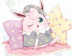  ;o blush buttons clothed_pokemon commentary_request crescent_print cushion grey_hat hat manatsuki_manata no_humans one_eye_closed open_mouth pokemon pokemon_(creature) pokemon_unite solo star_(symbol) star_print tongue wigglytuff wigglytuff_(bedtime) yawning 