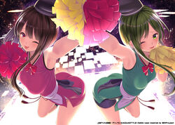  2girls absurdres amisu bike_shorts black_headwear black_shorts blush brown_eyes brown_hair cheering cheerleader copyright_notice green_eyes green_hair hat highres holding holding_pom_poms multiple_girls nishida_satono one_eye_closed pom_pom_(cheerleading) short_hair_with_long_locks shorts smile teireida_mai tongue tongue_out touhou touhou_danmaku_kagura 