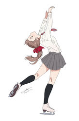  artist_name black_socks brown_hair chinese_commentary commentary dated female full_body grey_skirt hair_tie hands_up kneehighs long_sleeves medium_skirt necktie original ponytail school_uniform shirt shirt_tucked_in signature simple_background skates skirt socks solo werkbau white_background white_shirt 