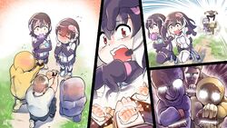  2girls absurdres african_penguin_(kemono_friends) animal_costume ao_oni black_eyes black_hair chasing copyright_request crossover eating headphones highres humboldt_penguin_(kemono_friends) kemono_friends kemono_friends_v_project long_hair mcgunngu multicolored_hair multiple_girls penguin_costume penguin_tail pien_(game) pien_(pien) running shirt short_hair skirt standing straight_hair tail the_oni_(ao_oni) virtual_youtuber 