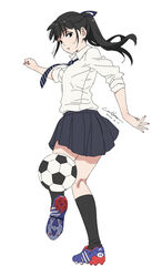  ball black_eyes black_hair black_socks chinese_commentary commentary dated female grey_skirt hair_tie kneehighs long_hair medium_skirt necktie original parted_lips ponytail school_uniform shirt shirt_tucked_in shoes signature simple_background skirt sleeves_pushed_up sneakers soccer_ball socks solo werkbau white_background white_shirt 