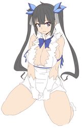  :3 black_hair blue_bow blue_bowtie blue_eyes bow bowtie breasts cleavage closed_mouth commentary dress dungeon_ni_deai_wo_motomeru_no_wa_machigatteiru_darou_ka female gloves hairbow hestia_(danmachi) highres kneeling large_breasts long_hair looking_at_viewer miitoban rei_no_himo simple_background smile solo twintails white_background white_dress white_gloves 