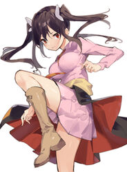  &gt;:) between_breasts black_hair boots breasts brown_footwear butterfly_hair_ornament closed_mouth collared_shirt commentary diagonal-striped_clothes diagonal-striped_necktie female floating_hair funifura hair_between_eyes hair_ornament highres knee_boots kono_subarashii_sekai_ni_bakuen_wo! lamb_(hitsujiniku) long_hair long_sleeves medium_breasts necktie necktie_between_breasts pink_shirt pink_skirt pleated_skirt red_eyes red_prison_magic_school_uniform school_uniform shirt simple_background skirt smile solo standing standing_on_one_leg striped_clothes twintails v-shaped_eyebrows very_long_hair white_background 