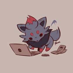  advos artist_name brown_background chibi computer credit_card full_body laptop motion_lines no_humans poke_ball_symbol pokemon pokemon_(creature) simple_background solo tail tail_wagging wallet zorua 