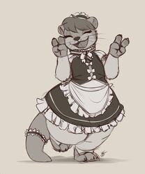  2022 5:6 absurd_res anthro closed_eyes clothed clothing dated digital_media_(artwork) fully_clothed hi_res louart maid_uniform mammal monochrome mustelid open_mouth open_smile otter signature smile solo tail uniform whiskers 