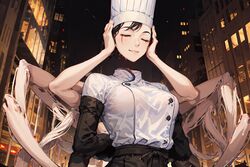  ai-generated apron arms_behind_back arthropod_limbs black_apron black_gloves black_hair blood blood_from_eyes blood_on_face blush chainsaw_man chef chef_hat city city_lights closed_eyes disembodied_head elbow_gloves falling_devil_(chainsaw_man) female flat_top_chef_hat gamebidulgi gloves hat holding holding_head severed_head smile solo waist_apron 