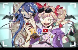  2girls blue_eyes blue_hair bow coat controller crazy_eyes drill_hair fuuga_(perv_rsity) game_controller grin hairbow hood hooded_jacket jacket letterboxed multiple_girls purple_coat sharp_teeth smile sunglasses teeth touhou yellow_eyes yorigami_jo&#039;on yorigami_shion youtube youtube_logo 