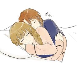  2girls bed blanket blonde_hair brown_hair closed_eyes commentary_request couple edamoto_haru happy hug hug_from_behind lying multiple_girls nyamo on_side pillow saeki_sayaka simple_background sleeping smile translated white_background yagate_kimi_ni_naru yagate_kimi_ni_naru:_saeki_sayaka_ni_tsuite yuri 