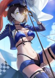  absurdres azur_lane baltimore_(azur_lane) baltimore_(finish_line_flagbearer)_(azur_lane) bikini black_bikini blue_bikini blue_footwear blue_hat blue_jacket blue_shorts blue_sky boots braid breasts brown_hair chest_harness choker cleavage cloud collarbone commentary cowboy_shot cropped_jacket day female flag french_braid gloves grin groin hair_between_eyes hand_up harness hat highleg highleg_bikini highres jacket looking_at_viewer medium_breasts micro_shorts mismatched_bikini navel o-ring official_alternate_costume open_clothes open_jacket peaked_cap race_queen sankyo_(821-scoville) shadow short_hair shorts sidelocks sitting sitting_on_object skindentation sky smile solo stomach swimsuit teeth thigh_boots thigh_strap tire underboob underbust yellow_eyes 