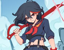  alina_l black_eyes black_hair black_skirt breasts cloud collarbone crop_top female gloves hair_between_eyes kill_la_kill matoi_ryuuko medium_breasts medium_hair multicolored_hair navel neckerchief over_shoulder pleated_skirt red_hair red_neckerchief scissor_blade_(kill_la_kill) senketsu short_sleeves single_glove skirt solo stomach streaked_hair suspender_skirt suspenders two-tone_hair weapon weapon_over_shoulder 