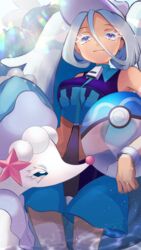  asakura_sara bad_id bad_pixiv_id ball beachball blue_shorts bracelet breasts closed_mouth colored_eyelashes commentary_request crossover female hair_between_eyes hatsune_miku highres holding jewelry pokemon pokemon_(creature) primarina project_voltage shorts twintails visor_cap vocaloid water_miku_(project_voltage) white_hair zipper zipper_pull_tab 