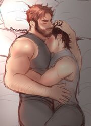  2boys afterglow arm_hair bara beard black_shirt blush couple cuddling face_to_pecs facial_hair feet_out_of_frame from_above goatee_stubble hand_in_another&#039;s_hair large_pectorals leg_on_another&#039;s_leg luke_(mewniverse) magnum_opus_(mewniverse) male_focus mature_male mewniverse moustache multiple_boys muscular muscular_male pectorals profile sam_(mewniverse) shirt short_hair sideburns size_difference sleeveless sleeveless_shirt smile stubble sunlight thick_eyebrows undercut unfinished yaoi 