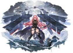  aircraft aircraft_carrier airplane alchemaniac artist_request azur_lane black_dress black_footwear black_gloves black_thighhighs boots breasts cannon cape cleavage cloak closed_mouth cloud dress f6f_hellcat female flight_deck full_body gloves hair_between_eyes headgear high_heel_boots high_heels highres holding holding_staff holding_weapon large_breasts long_hair looking_at_viewer military military_vehicle official_art pink_eyes pink_hair pleated_dress princeton_(azur_lane) princeton_(meta)_(azur_lane) red_eyes rigging see-through ship short_dress sky smile smoke solo staff standing thigh_boots thigh_strap thighhighs torn_clothes turret very_long_hair warship water watercraft weapon 