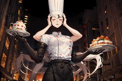  ai-generated apron arthropod_limbs black_apron black_gloves black_hair black_pants blood blood_from_eyes blood_on_face blush cake chainsaw_man chef chef_hat city city_lights closed_eyes dessert disembodied_head elbow_gloves extra_arms falling_devil_(chainsaw_man) female flat_top_chef_hat food gamebidulgi gloves hat holding holding_head holding_tray pants severed_head tray waist_apron 