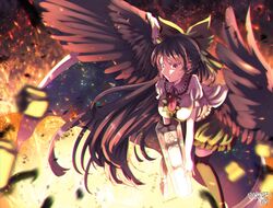  arm_cannon bird_wings black_thighhighs bow breasts brown_eyes brown_hair brown_wings cape closed_mouth collared_shirt commentary_request control_rod feet_out_of_frame female fire frilled_shirt_collar frilled_skirt frills frown green_bow green_skirt hairbow highres kemo_chiharu large_breasts leaning_forward long_hair looking_at_viewer medium_bangs print_cape reiuji_utsuho rock shirt short_sleeves signature skirt solo standing starry_sky_print thighhighs third_eye touhou v-shaped_eyebrows very_long_hair weapon white_cape white_shirt wings 