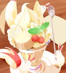  apple apple_rabbit apple_slice chai_(drawingchisanne) commentary_request cream dessert food food_art food_focus fruit glass holding holding_spoon ice_cream mint napkin no_humans on_food original parfait rabbit raspberry signature spoon table tray undersized_animal whipped_cream 