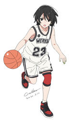  air_jordan air_jordan_1 artist_name ball basketball basketball_(object) basketball_uniform black_eyes black_hair chinese_commentary commentary dated female full_body nail_polish nike_(company) open_mouth original shoes short_hair shorts sidelocks signature simple_background sneakers solo sportswear sweat tank_top werkbau white_background 