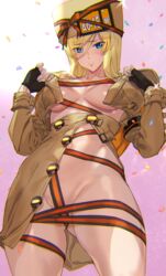  ashiomi_masato ass_visible_through_thighs black_gloves blonde_hair blue_eyes blush breasts coat commentary_request confetti female fingerless_gloves gloves guilty_gear guilty_gear_strive hair_between_eyes hat long_hair looking_at_viewer millia_rage naked_coat navel ribbon solo 