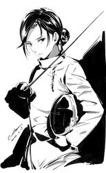  chinese_commentary commentary dated epee female fencing fencing_suit foil_(fencing) gloves greyscale hair_bun helmet holding holding_helmet long_sleeves monochrome original parted_lips signature single_hair_bun solo sword tsurime two-tone_background weapon werkbau 