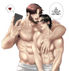  2boys abs arm_hair armpit_hair armpit_hair_peek bara beard black_hair chest_hair commentary couple cowboy_shot english_commentary english_text facial_hair goatee_stubble groin hairy heart height_difference holding holding_phone kissing kissing_forehead large_pectorals luke_(mewniverse) magnum_opus_(mewniverse) male_focus mature_male mewniverse moustache multiple_boys muscular muscular_male naked_towel navel navel_hair nipples pectorals phone sam_(mewniverse) selfie short_hair shy sideburns simple_background spoken_heart stomach stubble thick_eyebrows topless_male towel towel_around_waist undercut white_background yaoi 