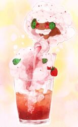  :3 absurdly_long_hair bad_id bad_pixiv_id banchiku big_hair closed_mouth commentary_request cup dessert drink drinking_glass drinking_straw floating fluffy food food_focus fruit full_body happy holding ice_cream ice_cream_float jpeg_artifacts jug_(bottle) leaf long_hair mint no_humans pokemon pokemon_(creature) pouring red_eyes simple_background smile solo strawberry very_long_hair whimsicott white_hair yellow_background 