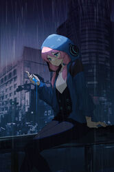  arknights blue_eyes blue_hoodie blue_jacket blue_poison_(arknights) city cityscape commentary_request female frog_girl highres hood hoodie jacket liquid naxu night outdoors pink_hair poison_(final_fight) rain sad shorts solo 