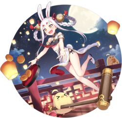  &gt;_&lt; animal_ears artist_request azur_lane bell black_panties blunt_bangs braid braided_hair_rings breasts brown_eyes check_artist china_dress chinese_clothes cloud dress female food full_moon hair_bell hair_ornament hair_rings highres hikimayu holding holding_mallet lantern leg_up legs long_hair mallet manjuu_(azur_lane) moon mooncake night night_sky official_art open_mouth outdoors outside_border outstretched_arms panties rabbit_ears rabbit_girl rabbit_tail railing round_image shimakaze_(azur_lane) shimakaze_(clumsy_moon_rabbit)_(azur_lane) shoes side-tie_panties sky small_breasts standing standing_on_one_leg star_(sky) starry_sky tail thighs transparent_background tray tripping twin_braids underwear very_long_hair white_dress white_footwear white_hair wind wind_lift 