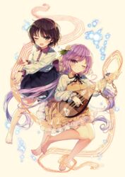  2girls ;) ;d barefoot biwa_lute black_ribbon black_skirt blush brown_eyes brown_hair chains dress flower hair_flower hair_ornament hairband highres instrument long_hair long_sleeves lute_(instrument) multiple_girls musical_note official_art one_eye_closed purple_eyes purple_hair ribbon shirt shnva short_hair skirt smile strange_creators_of_outer_world third-party_source touhou tsukumo_benben tsukumo_yatsuhashi very_long_hair white_shirt yellow_dress 