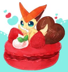  bad_id bad_pixiv_id banchiku blue_background blue_eyes candy character_name chocolate commentary_request cream english_text food food_focus fruit heart heart-shaped_chocolate in_food jpeg_artifacts macaron mint no_humans open_mouth pokemon pokemon_(creature) simple_background solo strawberry victini 