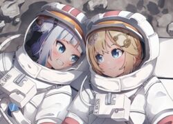  2girls astronaut blonde_hair blue_eyes blue_hair blunt_bangs blush character_name closed_mouth commentary earth_(planet) english_commentary eye_contact gawr_gura grey_hair grin hair_ornament helmet hololive hololive_english hood kiirokuma looking_at_another moon multicolored_hair multiple_girls name_tag planet reflection shark_hair_ornament short_hair smile space_helmet spacesuit streaked_hair upper_body virtual_youtuber watson_amelia 