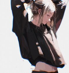  1boy 96yottea black_shirt blonde_hair brown_eyes grey_background haikyuu!! highres kozume_kenma long_sleeves looking_at_viewer male_focus parted_bangs parted_lips shirt simple_background solo stomach 