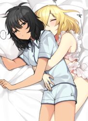  ... 2girls andou_(girls_und_panzer) bed_sheet black_eyes black_hair blonde_hair blue_shirt blue_shorts bra closed_eyes closed_mouth commentary dark-skinned_female dark_skin frilled_bra frilled_panties frills from_above girls_und_panzer half-closed_eyes hug hug_from_behind lingerie lying medium_hair messy_hair multiple_girls on_bed on_side open_mouth oshida_(girls_und_panzer) pajamas panties pillow shirt short_sleeves shorts sleeping sleepwear sleepy smile snoring sound_effects spoken_ellipsis spooning tan_(inka) underwear underwear_only white_panties yuri 