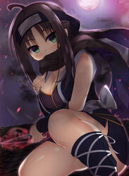  ahoge ass_visible_through_thighs back_bow black_hair black_scarf blue_kimono blue_socks blush bow breasts cleavage commentary_request convenient_leg covering_own_mouth curvy empty_eyes eyelashes feet_out_of_frame female fighting_stance forehead_protector full_moon glowing glowing_weapon green_eyes hair_between_eyes hand_up highres hitachi_mako holding holding_weapon japanese_clothes kimono kunai large_breasts leg_ribbon light_particles looking_at_viewer medium_breasts moon night ninja on_roof ribbon sash scarf senren_banka serious shiny_skin short_hair_with_long_locks short_kimono shrimp_3 socks solo squatting straight_hair thighs weapon white_bow white_ribbon white_sash 