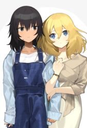  2girls andou_(girls_und_panzer) arm_grab black_hair blonde_hair blue_eyes blue_shirt bracelet brown_eyes casual closed_mouth collared_shirt commentary dark-skinned_female dark_skin denim dress girls_und_panzer jewelry light_frown long_sleeves looking_at_another medium_hair messy_hair multiple_girls oshida_(girls_und_panzer) overalls shirt short_sleeves sleeves_past_wrists standing tan_(inka) white_dress white_shirt yuri 