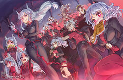  &gt;_&lt; 6+girls alcohol alternate_eye_color angel animal_ears arm_garter armband awooo awooo_(pose) azazel_(helltaker) belt black_gloves black_hair black_horns black_necktie black_pants black_suit black_vest blue_eyes blush boots bottle breasts business_suit cerberus_(helltaker) chains check_commentary cigarette closed_eyes collared_shirt colored_skin commentary_request cross cross_necklace cup curly_hair dark-skinned_female dark_skin demon_girl demon_horns demon_tail demon_wings dog_ears dog_girl drinking_glass eating fingerless_gloves formal freeze-ex gauntlets glasses gloves grey_skin hair_over_one_eye hair_ribbon halo heart heart-shaped_pupils hell helltaker holding holding_phone horns jacket jacket_on_shoulders jewelry judgement_(helltaker) justice_(helltaker) kurodani_yamame large_breasts long_hair long_sleeves looking_at_viewer lucifer_(helltaker) malina_(helltaker) marker_(medium) miniskirt modeus_(helltaker) mole mole_under_eye multiple_girls navel necklace necktie oerba_yun_fang one_eye_closed open_mouth pandemonica_(helltaker) pants pantyhose phone photoshop_(medium) ponytail red_eyes red_gloves red_shirt red_sweater ribbed_sweater ribbon shirt short_hair short_sleeves sitting skirt smile smoking suit sunglasses sweater symbol-shaped_pupils tail teeth touhou traditional_media triplets turtleneck vest waistcoat white_eyes white_gloves white_hair white_horns white_shirt wine wine_glass wings zdrada_(helltaker) 