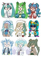  6+girls blue_hair closed_eyes electric_miku_(project_voltage) eyelashes fire_miku_(project_voltage) gradient_hair grass_miku_(project_voltage) green_hair ground_miku_(project_voltage) hat hatsune_miku highres ice_hair ice_miku_(project_voltage) ida_(idalol490) multicolored_hair multiple_girls multiple_persona normal_miku_(project_voltage) open_mouth pokemon pom_pom_(cheerleading) project_voltage psychic_miku_(project_voltage) rock_miku_(project_voltage) simple_background sunglasses tiara twintails two-tone_hair upper_body visor_cap vocaloid water_miku_(project_voltage) 