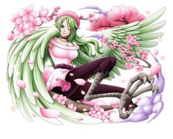  bird_legs bodskih breasts cherry_blossoms dress english_commentary feathers female flower green_feathers green_hair harpy large_breasts long_hair looking_at_viewer monet_(one_piece) monster_girl official_alternate_costume official_art one_eye_closed one_piece one_piece_treasure_cruise pink_dress short_dress solo transparent_background tree winged_arms wings 