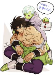  1boy bandage_on_face bandages black_hair boots broly_(dragon_ball_super) bruise cheelai colored_skin dragon_ball dragon_ball_super dragon_ball_super_broly female first_aid_kit green_skin hand_on_another&#039;s_shoulder injury jacket looking_at_another muscular open_mouth pectorals pelt purple_eyes scar shin_(sinsin12121) short_hair sitting speech_bubble spiked_hair topless_male translation_request 