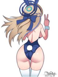  absurdres animal_ears artist_name ass backboob backless_leotard bad_id bad_pixiv_id bare_shoulders blonde_hair blue_archive blue_bow blue_hair blue_halo blue_leotard bow braid breasts commentary dated facing_away fake_animal_ears fake_tail female from_behind hairbow half_up_braid half_up_half_down_braid halo hand_up highleg highleg_leotard highres large_breasts leotard long_hair maydaykiki multicolored_hair narrow_waist official_alternate_costume playboy_bunny rabbit_ears rabbit_tail simple_background solo strapless strapless_leotard streaked_hair tail thighhighs toki_(blue_archive) toki_(bunny)_(blue_archive) v white_background white_thighhighs white_wrist_cuffs wide_hips wrist_cuffs 