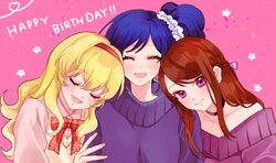  3girls :d ^_^ aikatsu! aikatsu!_(series) bad_id bad_twitter_id birthday black_choker blonde_hair blue_hair blue_scrunchie blush bow bowtie braid brown_hair cardigan_vest choker closed_eyes closed_mouth commentary fashion floral_background flower_(symbol) french_braid girl_sandwich hair_intakes hair_over_shoulder hairband hairbow hand_on_another&#039;s_arm happy_birthday head_on_another&#039;s_shoulder heart highres hoshimiya_ichigo kiriya_aoi leaning_on_person long_hair long_sleeves multiple_girls open_mouth orangechoco_ra petals pink_background pink_sweater purple_bow purple_eyes purple_sweater red_bow red_hairband sandwiched scrunchie shibuki_ran side-by-side side_ponytail sidelocks simple_background smile sweater turtleneck turtleneck_sweater upper_body vest yellow_vest 