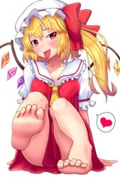  :p ascot barefoot bat_wings blonde_hair blush bow breasts cleavage collared_shirt crystal feet female flandre_scarlet foot_focus frilled_shirt frilled_shirt_collar frilled_skirt frilled_sleeves frills fusu_(a95101221) hair_between_eyes hat hat_ribbon heart large_breasts looking_at_viewer medium_hair mob_cap oerba_yun_fang puffy_short_sleeves puffy_sleeves rainbow_order red_bow red_eyes red_ribbon red_skirt red_vest ribbon shirt short_sleeves side_ponytail skirt skirt_set soles solo spoken_heart toenails toes tongue tongue_out touhou vest white_shirt wings yellow_ascot 