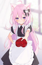  ahoge alternate_costume animal_ears apron black_bow black_dress blurry blush bow box box_of_chocolates buran_buta cat_ears cat_girl cat_hair_ornament chocolate commentary commission depth_of_field dress enmaided eyepatch female food furrowed_brow gift hair_between_eyes hair_ornament hairbow hand_on_own_hip heart heart-shaped_box heart_eyepatch highres holding holding_chocolate holding_food incoming_gift long_hair looking_at_viewer maid maid_apron nyatasha_nyanners pink_hair puffy_short_sleeves puffy_sleeves purple_eyes sanpaku short_sleeves sidelocks skeb_commission solo sweatdrop tsundere valentine very_long_hair virtual_youtuber vshojo window 