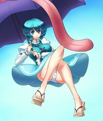  :p absurdres blue_eyes blue_hair blush breasts clothes_lift commentary_request feet female geta heterochromia highres karakasa_obake large_breasts long_sleeves panties pantyshot purple_umbrella raionsan red_eyes sandals short_hair skirt skirt_lift smile solo tatara_kogasa toenails toes tongue tongue_out touhou umbrella underwear vest white_panties 