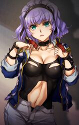  aqua_centolm aqua_eyes belt breasts chestnut_mouth choker cleavage clothing_cutout collarbone commentary_request cowboy_shot female gradient_background hairband highres jacket long_sleeves looking_at_viewer medium_breasts nakamura_kanko navel navel_cutout open_clothes open_fly open_jacket parted_lips purple_hair short_hair shorts simple_background sleeves_rolled_up solo standing stomach super_robot_wars super_robot_wars_mx unzipped wrist_cuffs 