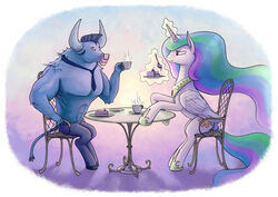  2015 alicorn bovid bovine cake chair container cup cutie_mark dahtamnay dessert duo equid equine european_mythology facial_piercing feathered_wings feathers female feral food friendship_is_magic fur furniture greek_mythology grey_body grey_fur grey_hair hair hasbro hi_res horn iron_will_(mlp) jewelry magic male mammal minotaur multicolored_hair my_little_pony mythological_creature mythological_equine mythology necklace nose_piercing nose_ring piercing princess_celestia_(mlp) ring_piercing septum_piercing sitting table white_body white_feathers white_fur wings 