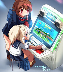  :o ahoge arcade arcade_cabinet astro_city backpack bag banned_artist blonde_hair blue_eyes breasts brown_hair controller dark_skin eno_konoe fat huge_breasts joystick loafers mikomu multiple_girls ojiri_luna original playing_games ponytail red_eyes school_uniform serafuku shoes short_hair shoulder_bag sitting size_difference stool tan 