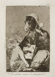  1799 18th_century absurd_res ancient_art aquatint asinus book bottomwear clothed clothing donkey equid equine etching formal_art francisco_goya fur group hat headgear headwear hi_res hooves license_info los_caprichos male mammal monochrome open_mouth pants public_domain semi-anthro sepia shirt simple_background sitting spanish_text teacher text topwear traditional_media_(artwork) translated 