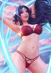  1girls 3d arms_behind_head bare_midriff bikini black_hair blue_eyes bra breasts cameltoe clouds female female_only headwear irelia_xan league_of_legends long_hair looking_at_viewer misusart navel partially_clothed red_underwear shaved_armpit solo 