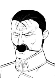  1boy eyepatch facial_hair fullmetal_alchemist greyscale highres king_bradley male_focus monochrome moustache obustat solo spoilers wrath_(fma) 